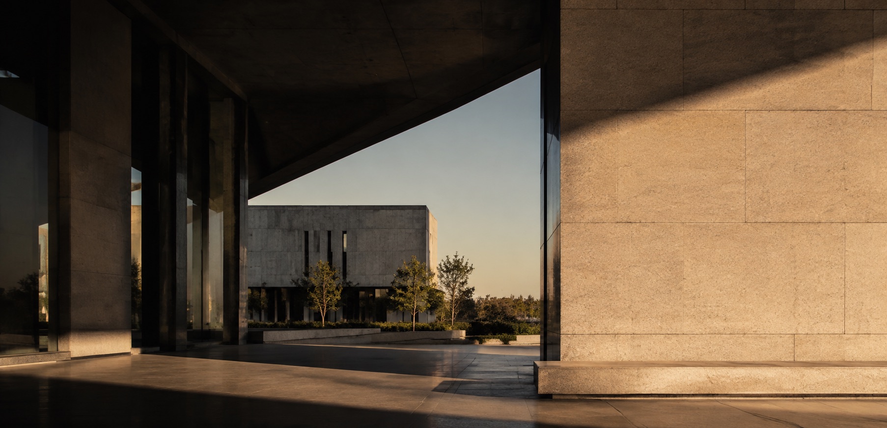 Contemporary Madrid architecture in warm late-afternoon light
