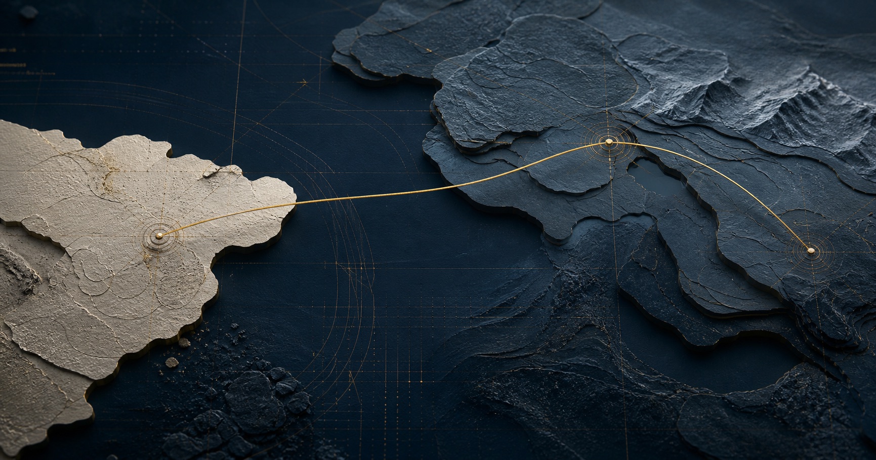 Tactile geographic relief joined by a restrained gold route