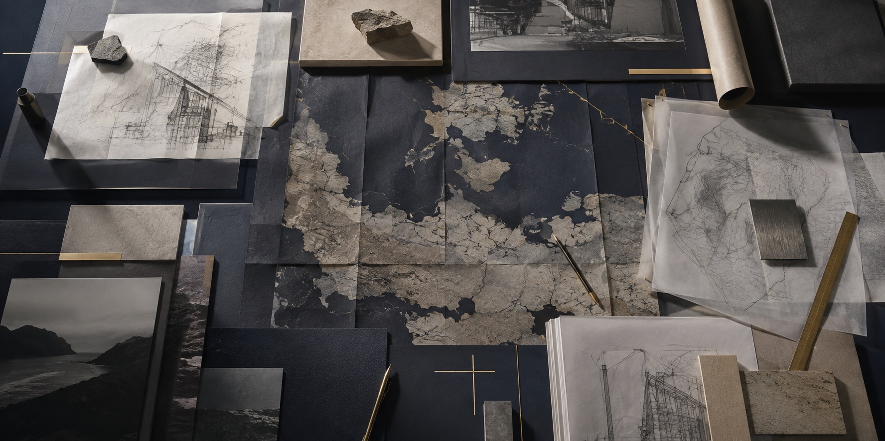 Top-down project-development workspace with plans, maps and material samples